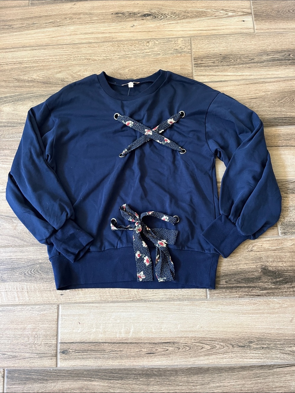 Skies Are Blue Navy Crewneck Sweater with Floral Lace-Up Ties NWT